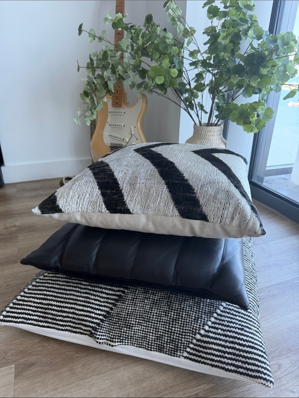 CB2 Black & Cream Geometric Accent Pillow Stack